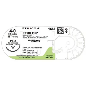ETHILON™ Nylon Monofilament Sutures Nonabsorbable – Precision Point Reverse Cutting, 3/8 Circle, P-3, Black, 18", 12/Pkg