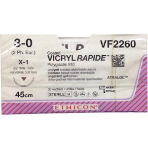 Coated VICRYL® RAPIDE – X-1, 1/2 Circle Needle, Sizes 3-0, Length 18 ", Absorbable, Reverse Cutting, 36/Pkg